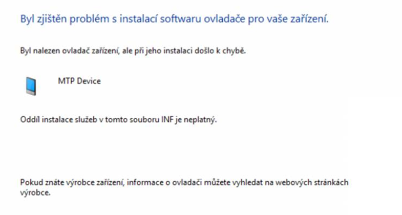Jak opravit USB připojení mobilu k počítači, když je soubor INF pro MTP Device neplatný